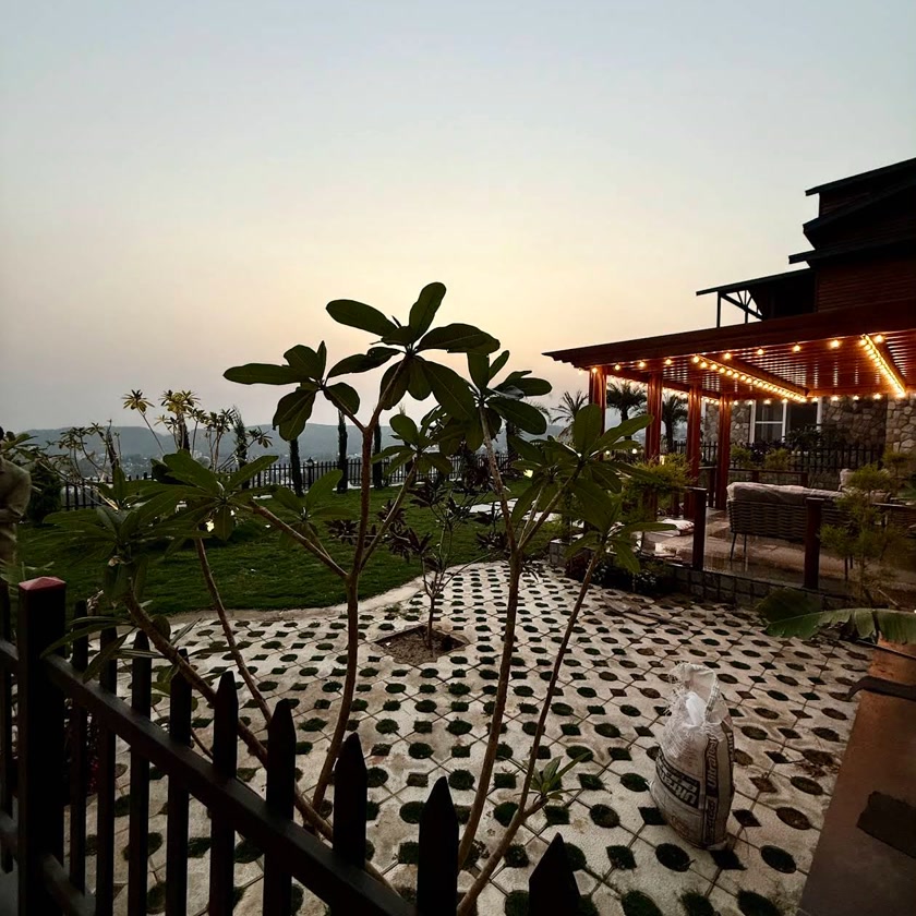 Villa pergola and garden at golden sunset
