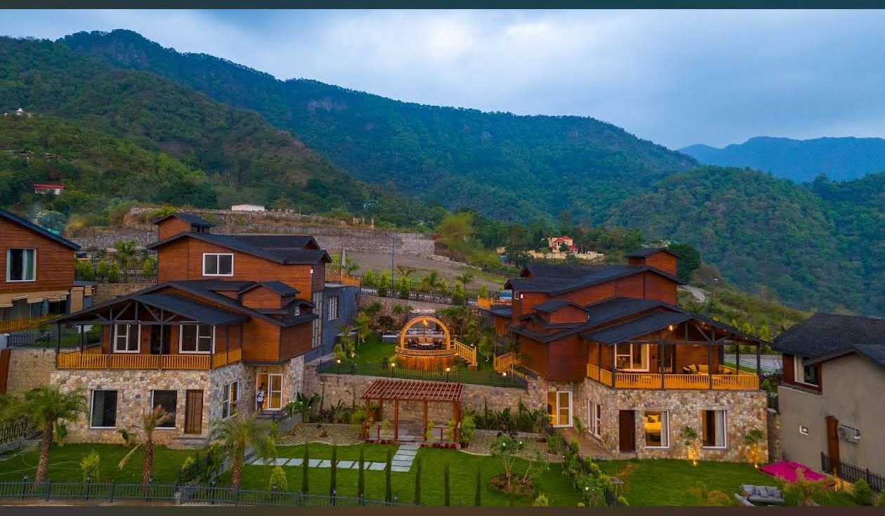 Panoramic drone view of Hillcrest luxury villas in Dehradun nestled in the Shivalik mountains